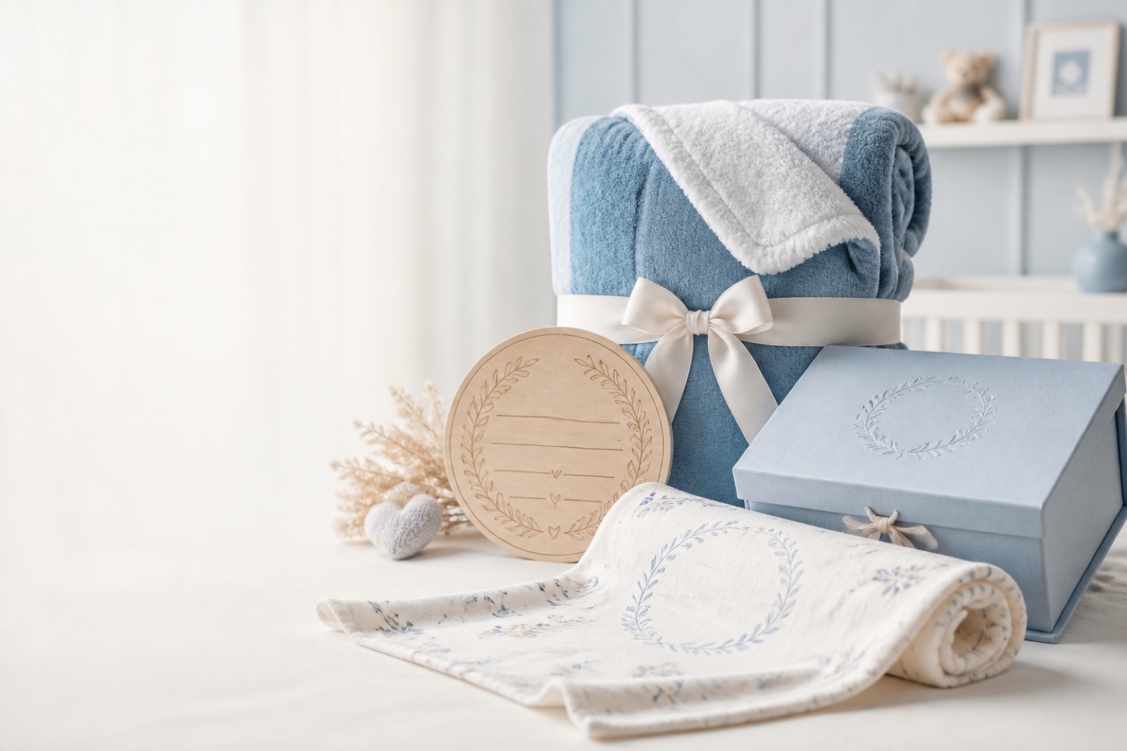 A cream knitted baby blanket folded on a crib rail with a small wooden keepsake sign and a plush bunny